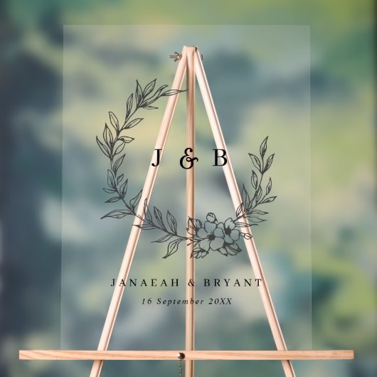 Elegante Bloemenkrans Monogram Zwart Trouwen Acryl Bord (Neutraal)