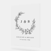 Elegante Bloemenkrans Monogram Zwart Trouwen Acryl Bord (Hoek)