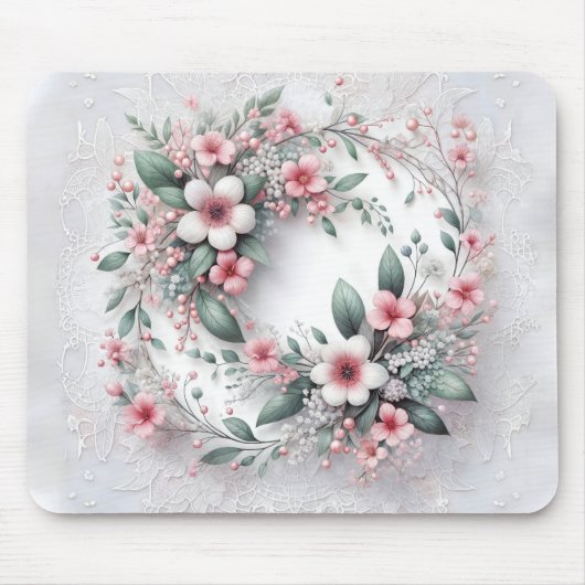 Elegante bloemenkrans op witte bruidskant muismat (Voorkant)