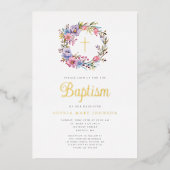 Elegante Bloemenkrans Religieus Meisje Doop Goud Folie Uitnodiging (Voorkant)