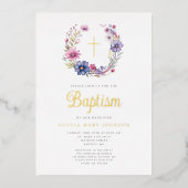 Elegante Bloemenkrans Religieuze Kruismeisje Doop Folie Uitnodiging (Voorkant)