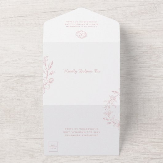 Elegante bloemenkrans Stof Roze Bruiloft All In One Uitnodiging (Buitenkant)