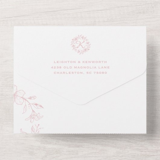 Elegante bloemenkrans Stof Roze Bruiloft All In One Uitnodiging (Achterkant)