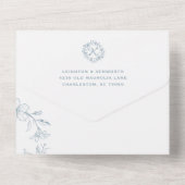 Elegante bloemenkrans stoffige blauwe trouw  all in one uitnodiging (Achterkant)