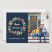 Elegante Bloemenkrans Thanksgiving Foto Feestdagenkaart (Voorkant)