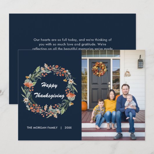 Elegante Bloemenkrans Thanksgiving Foto Feestdagenkaart (Voorkant / Achterkant)
