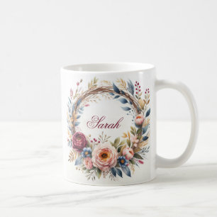 Elegante bloemenkrans waterverf  gepersonaliseerde koffiemok