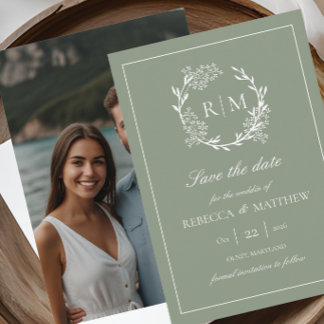 Elegante Bloemenkroon Monogram Foto Kaart