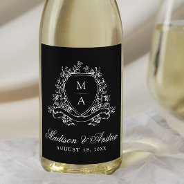Elegante Bloemenkroon Monogram Zwarte Trouwdag Wijn Etiket