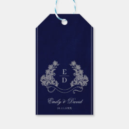 Elegante Bloemenkroon Navy Monogram Bruiloft Cadeaulabel