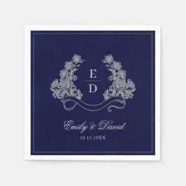 Elegante Bloemenkroon Navy Monogram Papieren Serve Servet