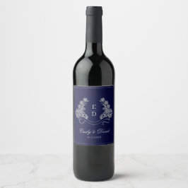 Elegante Bloemenkroon Navy Trouw Monogram  Wijn Etiket