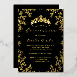 Elegante  Bloemenkruid Zwart Quinceanera Folie Uitnodiging