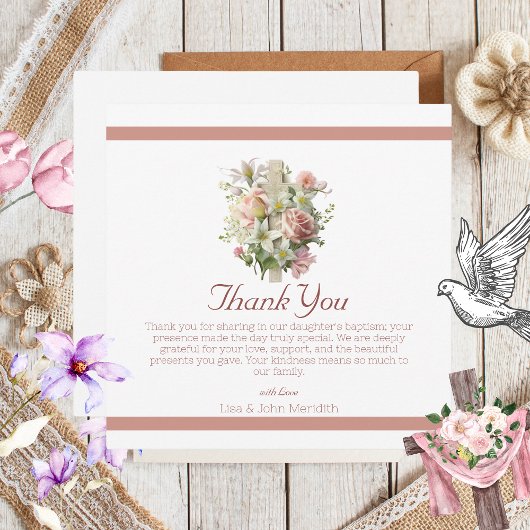 Elegante bloemenkruis doop bedankkaart