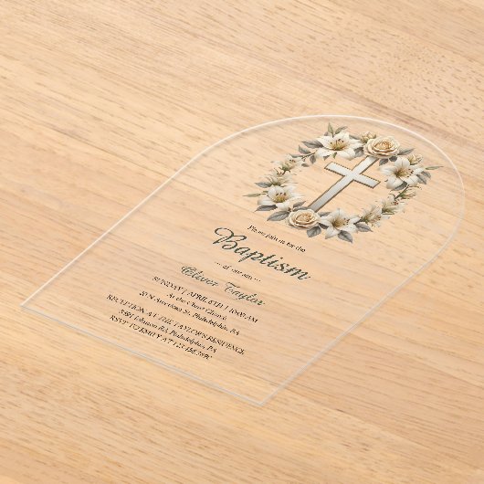 Elegante Bloemenkruis Geslacht Neutraal Doopsel Acryl Uitnodigingen (Laagn)