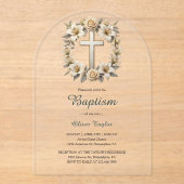 Elegante Bloemenkruis Geslacht Neutraal Doopsel Acryl Uitnodigingen (Voorkant)