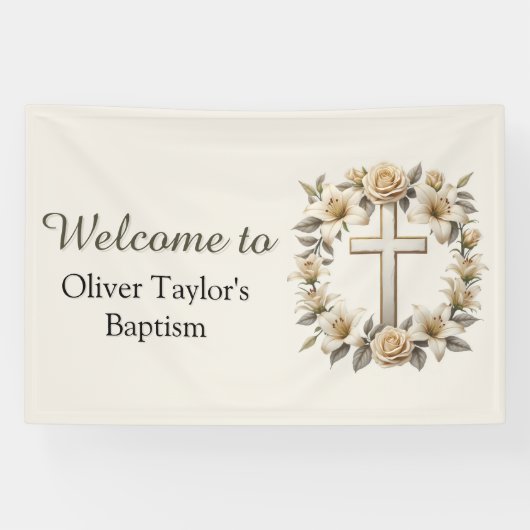 Elegante Bloemenkruis Geslacht Neutraal Doopsel Spandoek (Horizontaal)