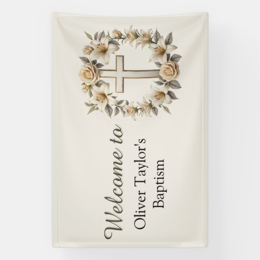 Elegante Bloemenkruis Geslacht Neutraal Doopsel Spandoek (Verticaal)