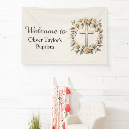 Elegante Bloemenkruis Geslacht Neutraal Doopsel Spandoek (Insitu)