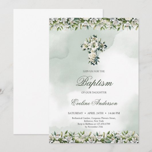 Elegante bloemenkruis witte lelies & rozen Doop Kaart (Voorkant / Achterkant)