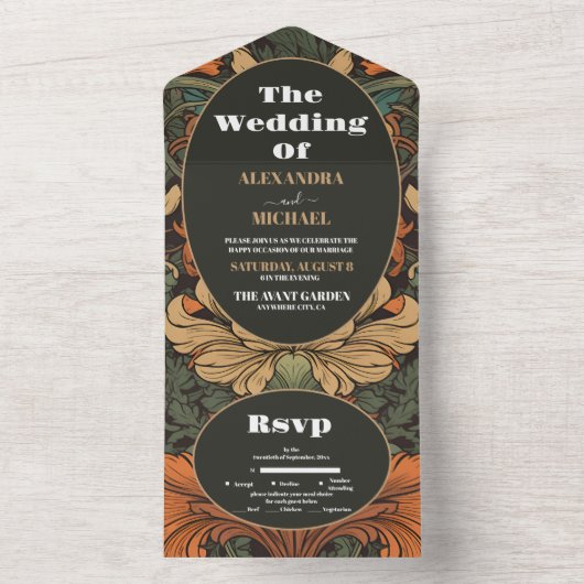 Elegante bloemenkunst nouveau bruiloft all in one uitnodiging (Binnen)