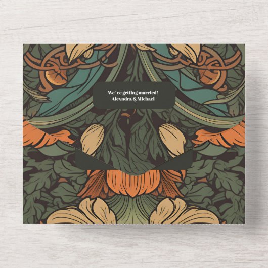 Elegante bloemenkunst nouveau bruiloft all in one uitnodiging (Achterkant)