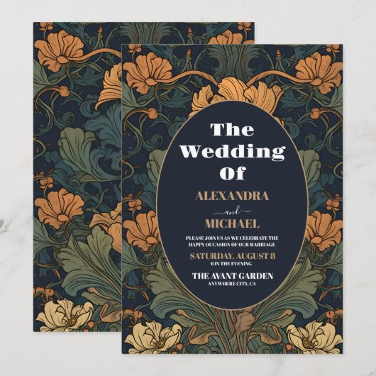 Elegante bloemenkunst nouveau bruiloft kaart (Voorkant / Achterkant)