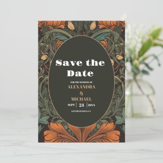 Elegante bloemenkunst nouveau bruiloft save the date (Staand voorkant)
