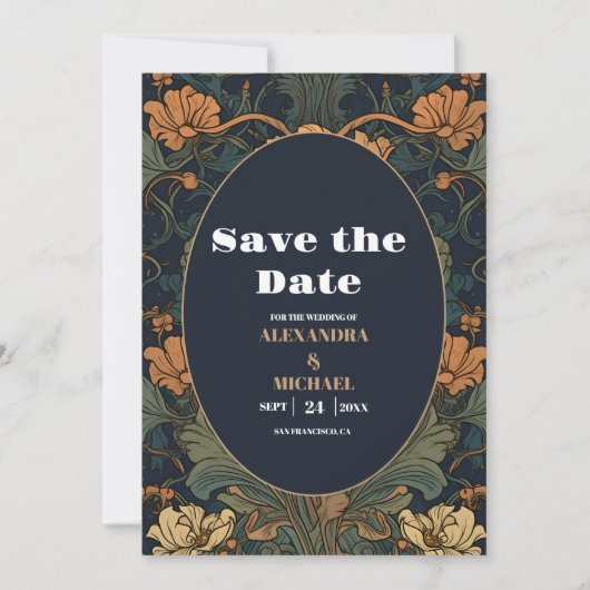 Elegante bloemenkunst nouveau bruiloft save the date (Voorkant)