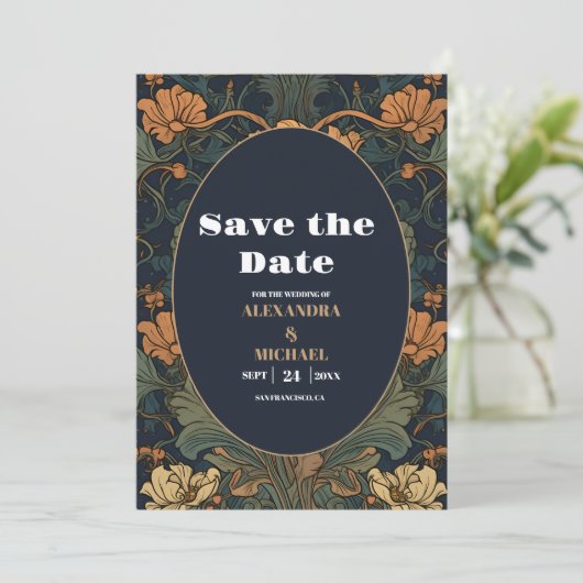 Elegante bloemenkunst nouveau bruiloft save the date (Staand voorkant)