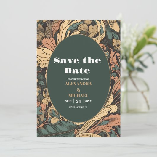Elegante bloemenkunst nouveau bruiloft save the date (Staand voorkant)