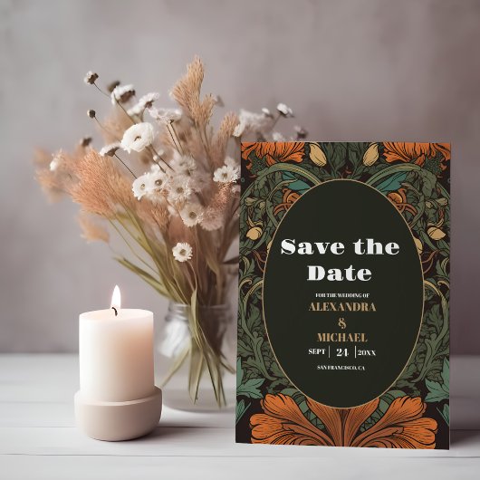 Elegante bloemenkunst nouveau bruiloft save the date
