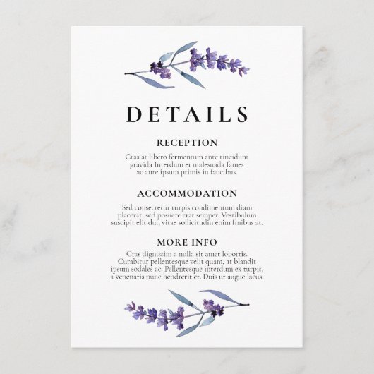 Elegante bloemenlavendel bruiloft gast informatie informatiekaartje (Voorkant)