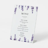 Elegante bloemenlavendel bruiloft menu reclamebord met voetstuk (Voorkant)