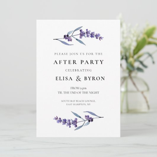 Elegante bloemenlavendel bruiloft na feest kaart (Staand voorkant)