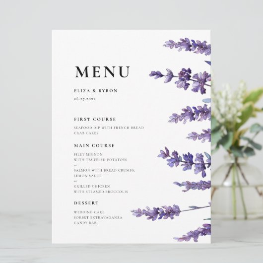 Elegante bloemenlavendel menu (Staand voorkant)