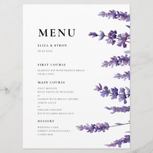 Elegante bloemenlavendel menu (Voorkant)