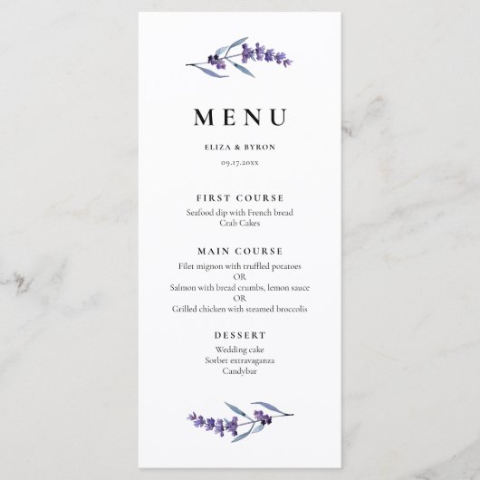 Elegante bloemenlavendel menu (Voorkant)