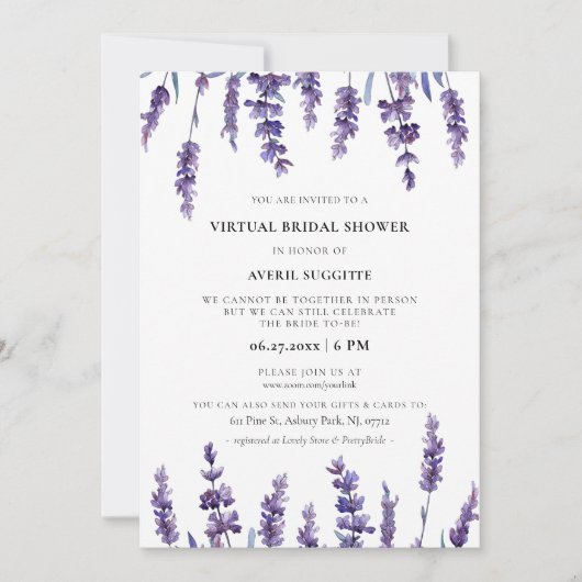 Elegante bloemenlavendel Virtual Vrijgezellenfeest Kaart (Voorkant)