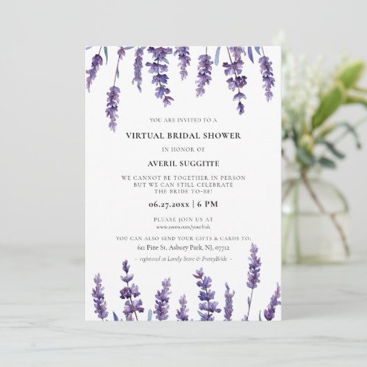 Elegante bloemenlavendel Virtual Vrijgezellenfeest Kaart (Staand voorkant)
