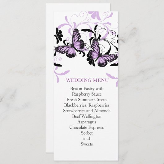 Elegante Bloemenlavendel Vlinder Bruiloft Menu (Voorkant / Achterkant)
