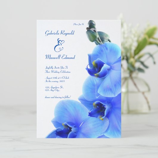 Elegante Bloemenliefde Blauwe Orchideeën Bruiloft Kaart (Staand voorkant)