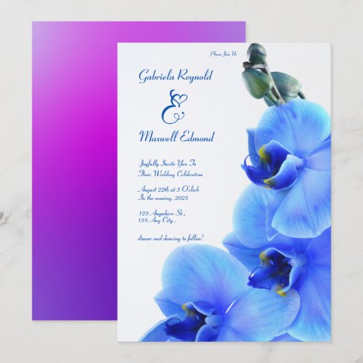 Elegante Bloemenliefde Blauwe Orchideeën Bruiloft Kaart (Voorkant / Achterkant)