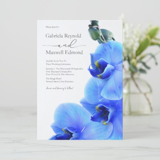 Elegante Bloemenliefde Blauwe Orchideeën Bruiloft Kaart (Staand voorkant)