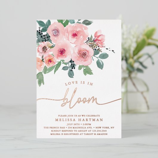 Elegante bloemenliefde is in bloei Vrijgezellenfee Folie Uitnodiging (Staand Voorkant)