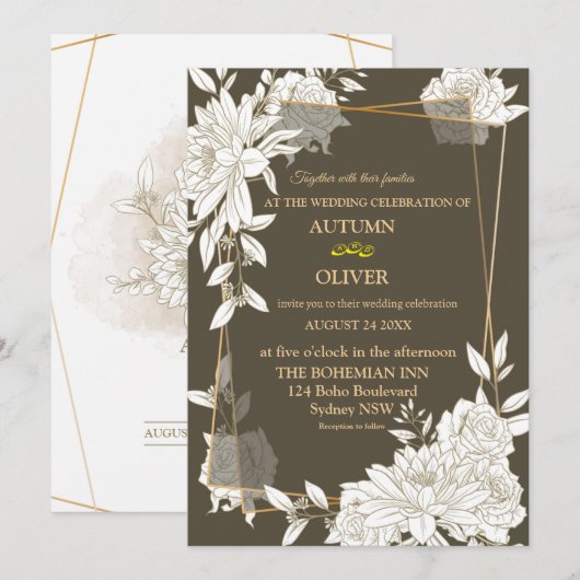 Elegante bloemenlijn kunst bruiloft uitnodiging ka (Voorkant / Achterkant)