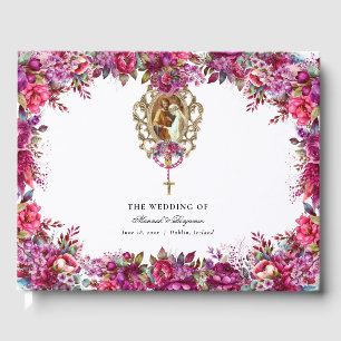 Elegante bloemenmagenta lente katholieke bruiloft gastenboek