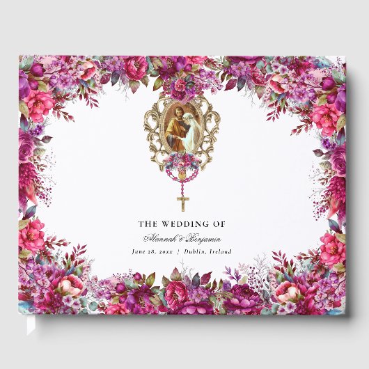 Elegante bloemenmagenta lente katholieke bruiloft gastenboek (Voorkant)