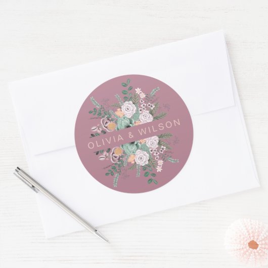 Elegante bloemenmauve ronde sticker (Envelop)