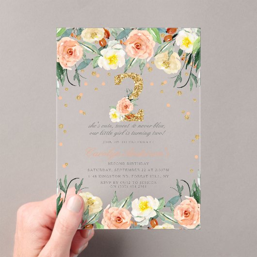 Elegante bloemenmeisjes 2e verjaardag acryl uitnodigingen (Insitu (Draagbaar))